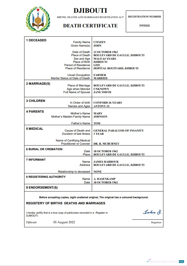 Download Djibouti death certificate Word and PDF template Photoshop template
